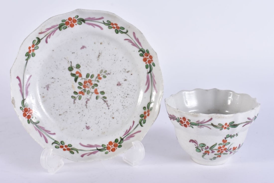 AN EXTREMELY RARE 18TH CENTURY PLYMOUTH OGEE FORM TEABOWL AND SAUCER unusually polychromed painted w (1 of 7)