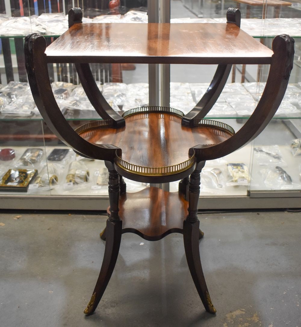AN AESTHETIC MOVEMENT TABLE with brass gallery to middle section. 78 cm x 52 cm. (1 of 8)