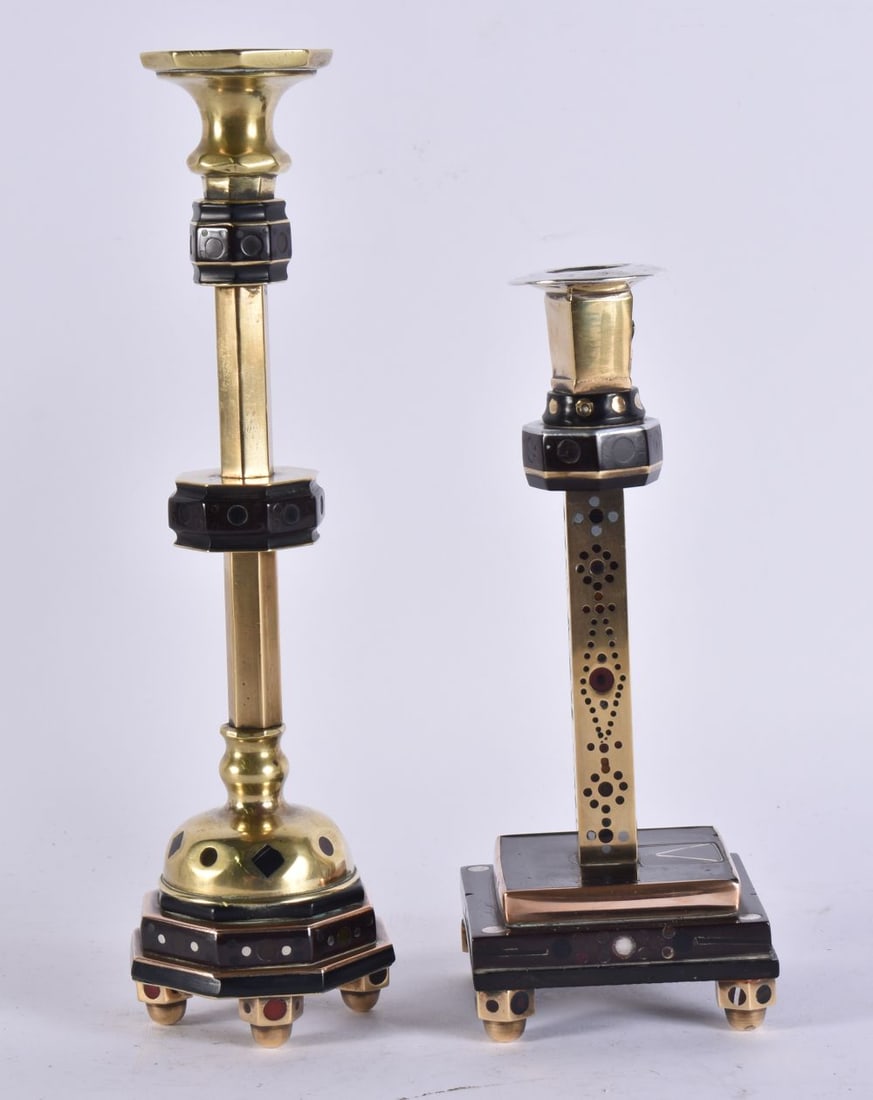 TWO RARE ANTIQUE CHERRY BAKELITE CANDLESTICKS mounted in brass with motifs. 1055 grams. Largest 26 c (1 of 18)