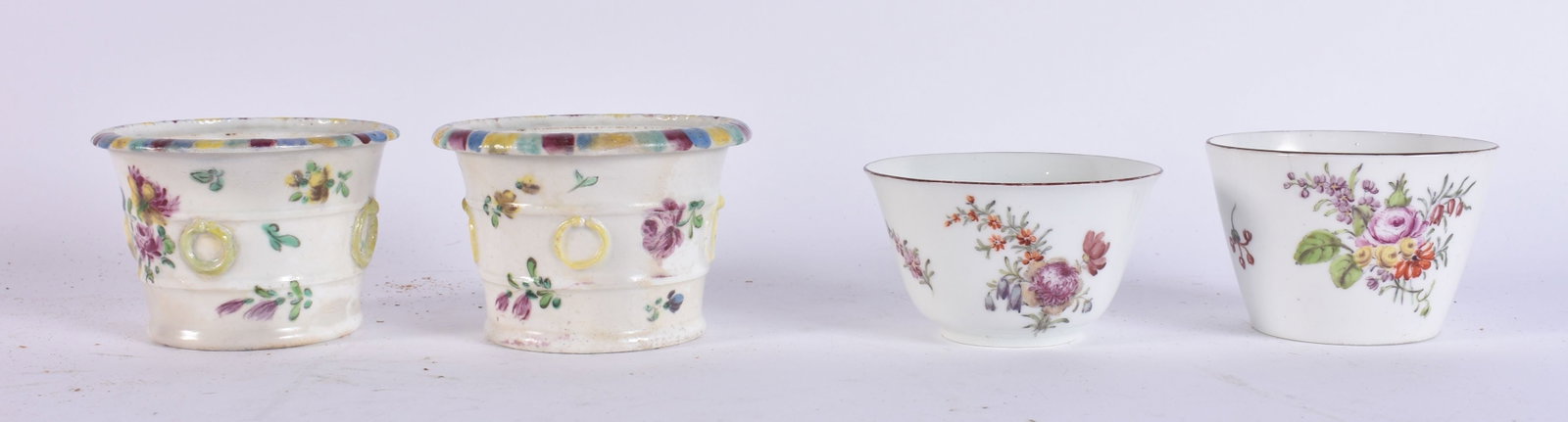TWO 18TH CENTURY CHELSEA PORCELAIN TEABOWLS together with a pair of 18th century miniature flower po (1 of 6)