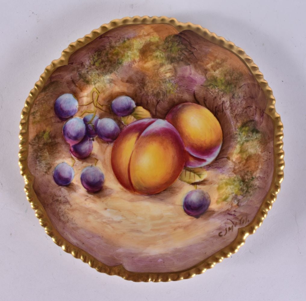 A ROYAL WORCESTER FRUIT PAINTED PORCELAIN PLATE by Smith. 15 cm wide. (1 of 4)