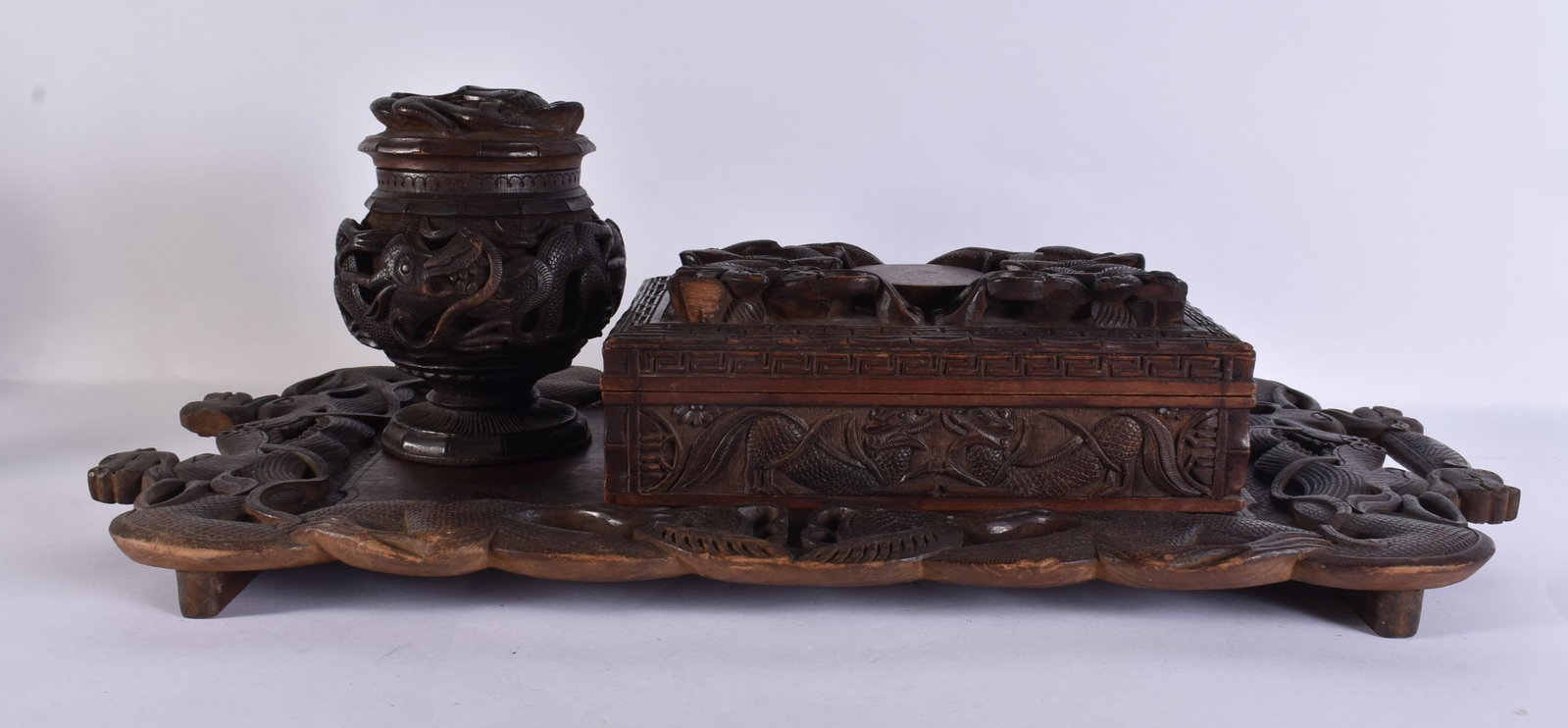 A LARGE 19TH CENTURY SOUTHEAST ASIAN CARVED WOOD TRAY together with large box & tobacco jar. Largest (1 of 7)