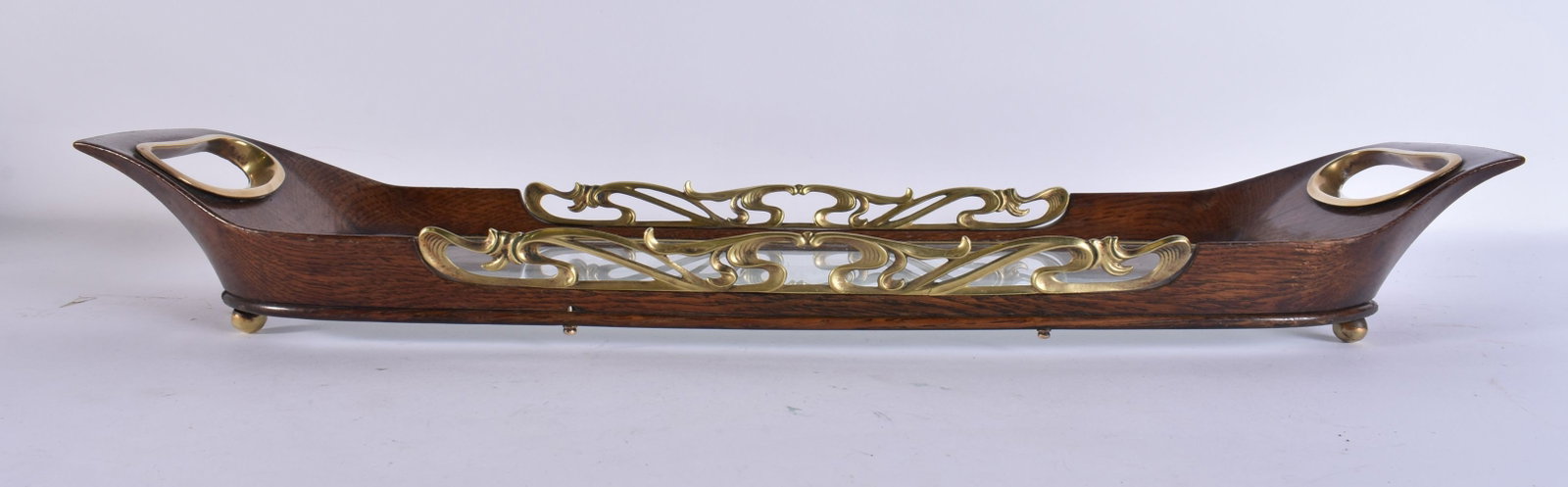 A LOVELY ART NOUVEAU BRONZE AND CARVED WOOD TRAY of scrolling organic design. 55 cm x 18 cm. (1 of 3)