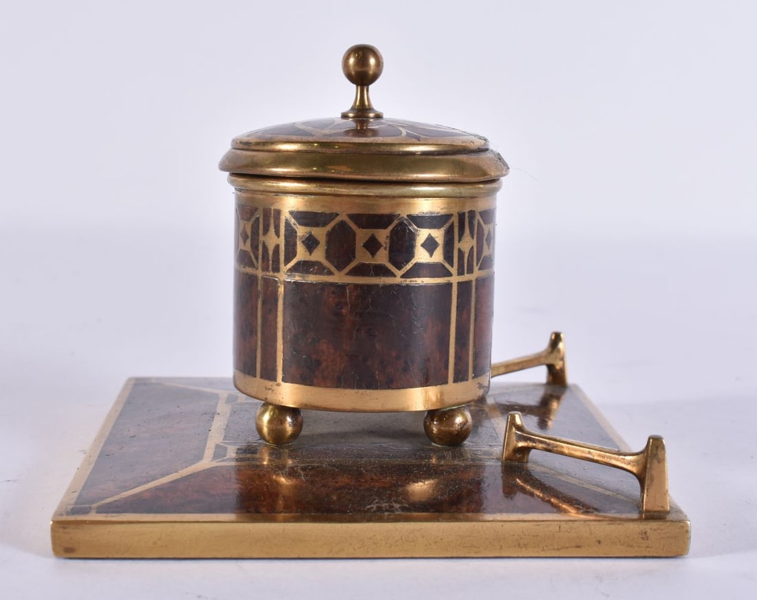 A SECESSIONIST MOVEMENT BURR WOOD BRASS INLAID INKWELL. 10 cm square. (1 of 3)