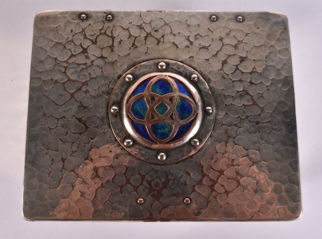 AN ARTS AND CRAFTS CAMBRAY WARE ENAMEL MIXED METAL CARD BOX. 11 cm x 9.5 cm.: AN ARTS AND CRAFTS CAMBRAY WARE ENAMEL MIXED METAL CARD BOX. 11 cm x 9.5 cm.