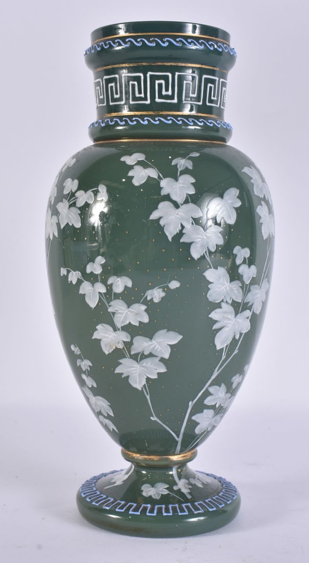 A VICTORIAN ENAMELLED OPALINE GLASS VASE. 23.5 cm high. (1 of 4)