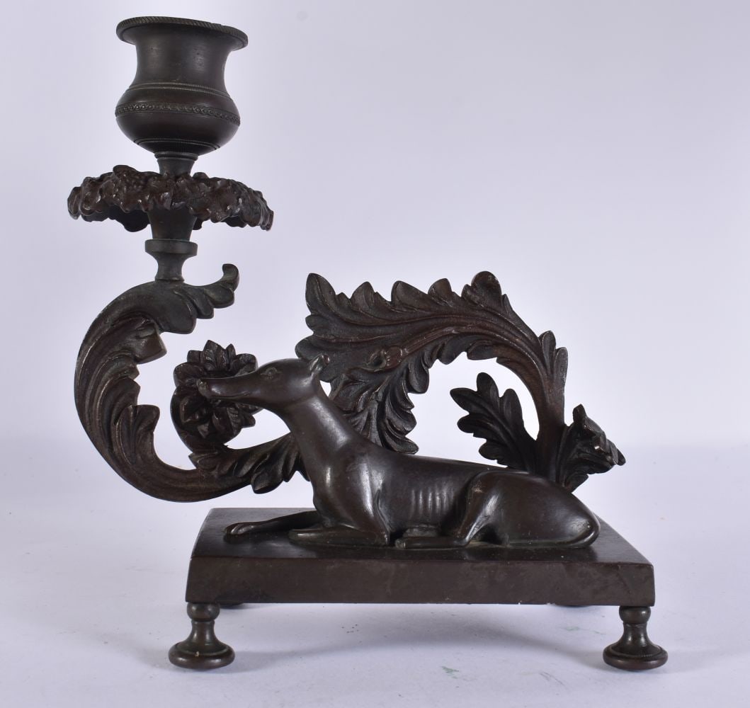 A REGENCY BRONZE COUNTRY HOUSE WHIPPET CANDLESTICK. 18 cm x 14 cm. (1 of 4)