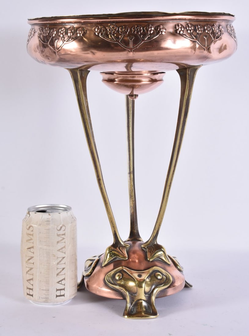 AN ART NOUVEAU COPPER AND BRASS TABLE CENTREPIECE decorated with flowers. 35 cm x 18 cm. (1 of 5)