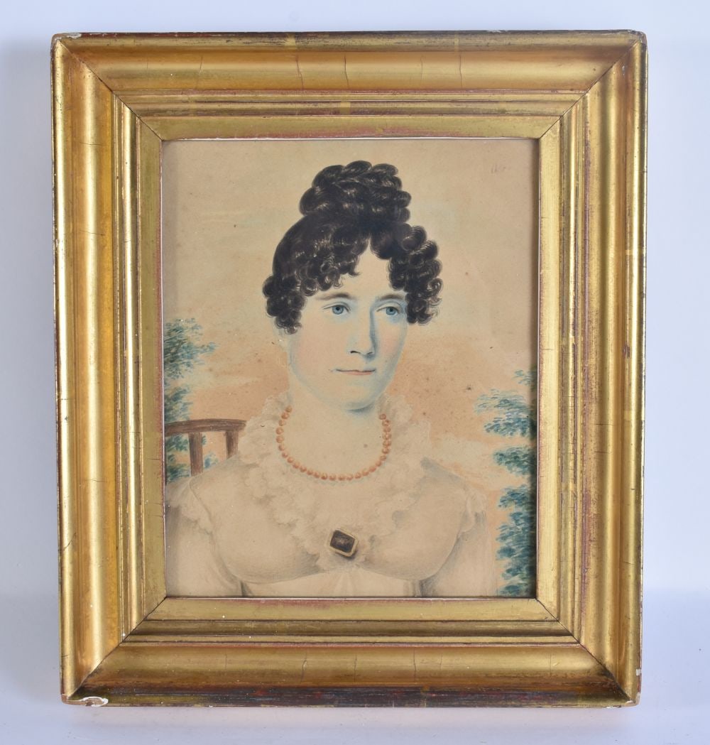 English School (Early 19th Century) Watercolour, portrait of a female in a pearl necklace. 33 cm x 2 (1 of 4)