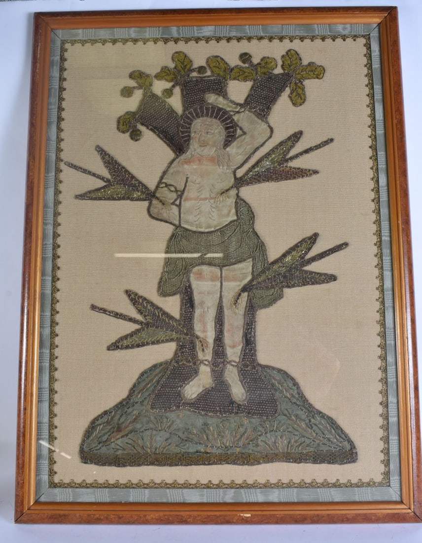AN 18TH CENTURY EUROPEAN EMBROIDERED PANEL OF A SAINT. 68 cm x 50 cm, image 64 cm x 48 cm. (1 of 4)