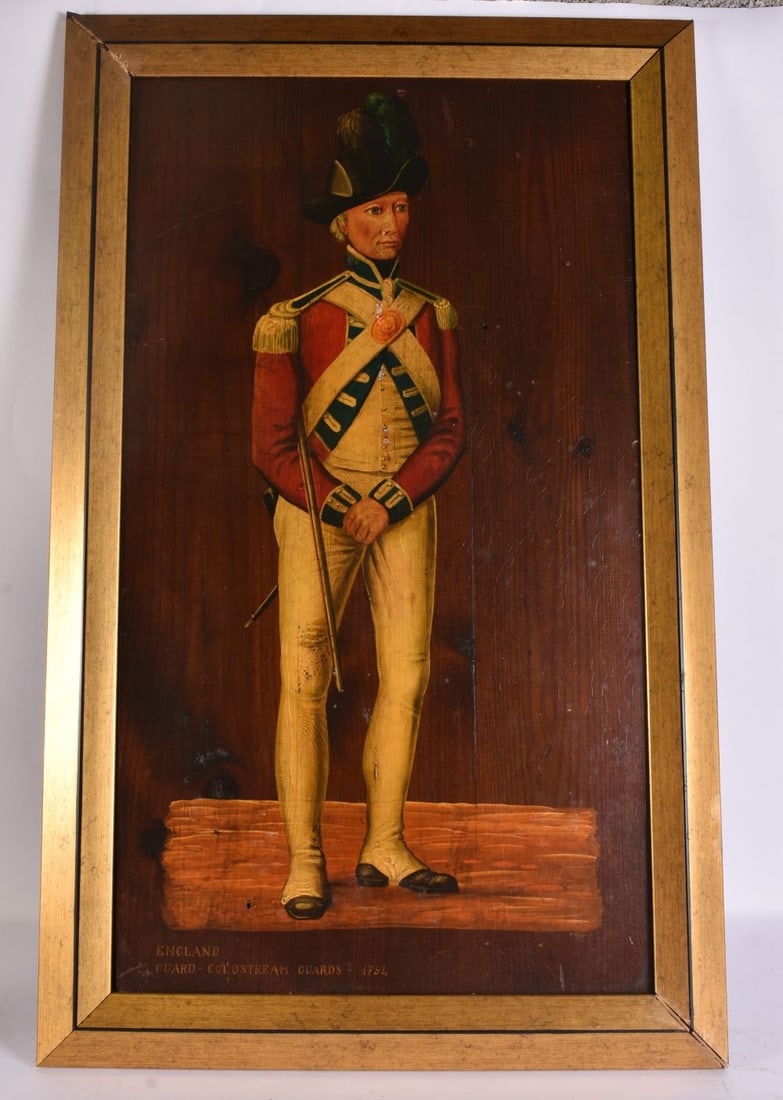 AN ANTIQUE PAINTED MILITARY INTEREST WOOD PANEL depicting an English Guard, Colostream Guard 1794. 6: AN ANTIQUE PAINTED MILITARY INTEREST WOOD PANEL depicting an English Guard, Colostream Guard 1794. 68 cm x 42 cm, image 58 cm x 36 cm.