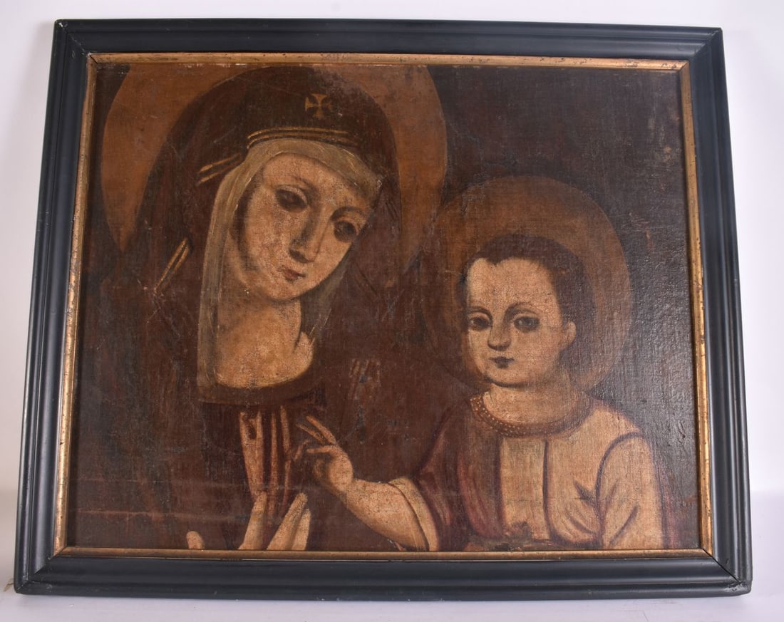 A 17TH/18TH CENTURY EUROPEAN PAINTED PANEL OF A MADONNA AND CHILD. 62 cm x 48 cm, image 54 cm x 44 c (1 of 4)
