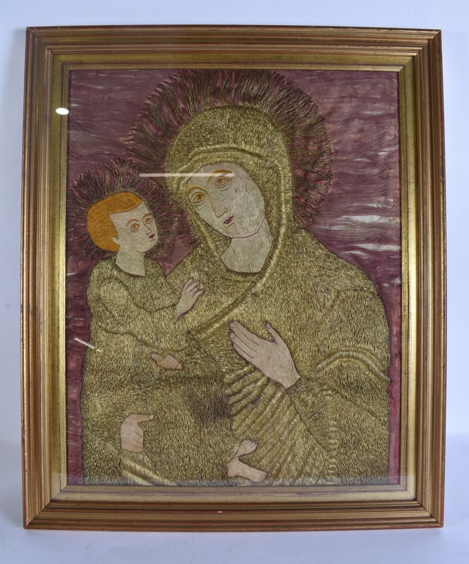 AN 18TH CENTURY EUROPEAN EMBROIDERED PANEL OF MADONNA AND CHILD. 52 cm x 42 cm, image 45 cm x 35 cm.: AN 18TH CENTURY EUROPEAN EMBROIDERED PANEL OF MADONNA AND CHILD. 52 cm x 42 cm, image 45 cm x 35 cm.