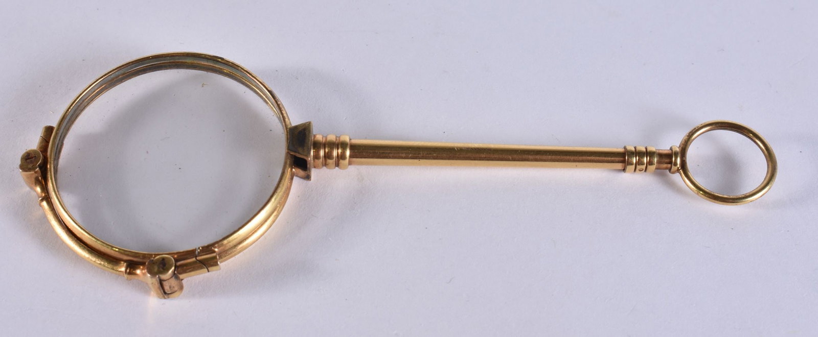 A PAIR OF 9CT GOLD LORGNETTES. 20.6 grams overall. 12 cm x 10 cm. (unmarked, tested 9ct). (1 of 2)