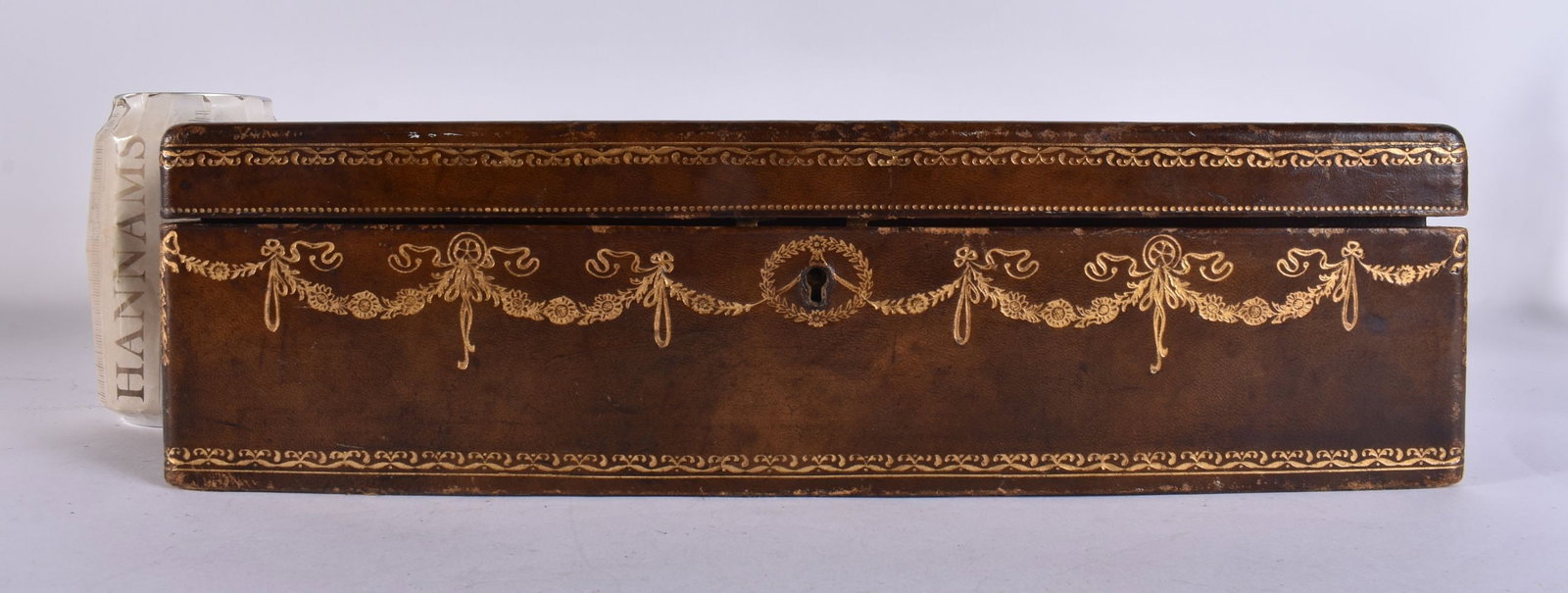 A LOVELY VICTORIAN TOOLED LEATHER DESK BOX inset with an engraving. 36 cm x 26 cm. (1 of 5)