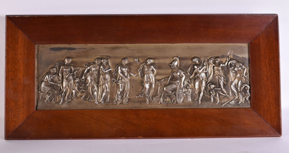 A 19TH CENTURY ENGLISH CLASSICAL SILVER PLATED PLAQUE within a mahogany frame. 58 cm x 24 cm. (1 of 4)