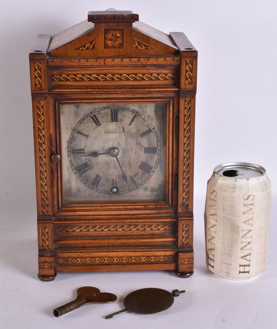 AN UNUSUAL VICTORIAN TUNBRIDGEWARE MANTLE CLOCK Morath Brothers. 28 cm x 14 cm. (1 of 7)