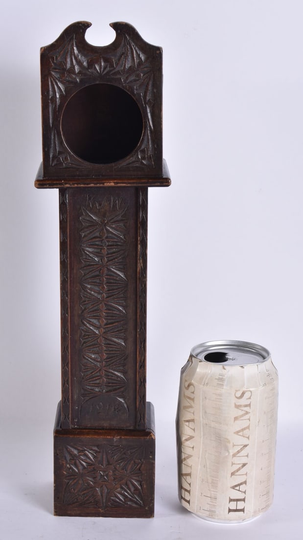 AN UNUSUAL WW1 PRISONER OF WAR SCRATCH BUILT POCKET WATCH HOLDER formed as a long case. 33 cm high.: AN UNUSUAL WW1 PRISONER OF WAR SCRATCH BUILT POCKET WATCH HOLDER formed as a long case. 33 cm high.