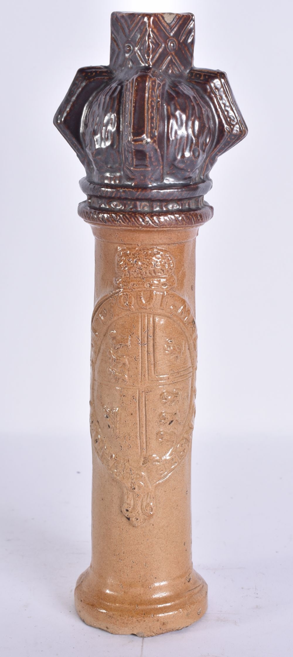 A RARE 19TH CENTURY ENGLISH STONEWARE POTTERY TIP STAFF FLASK Stephen Green, Lambeth. 23.5 cm high.: A RARE 19TH CENTURY ENGLISH STONEWARE POTTERY TIP STAFF FLASK Stephen Green, Lambeth. 23.5 cm high.