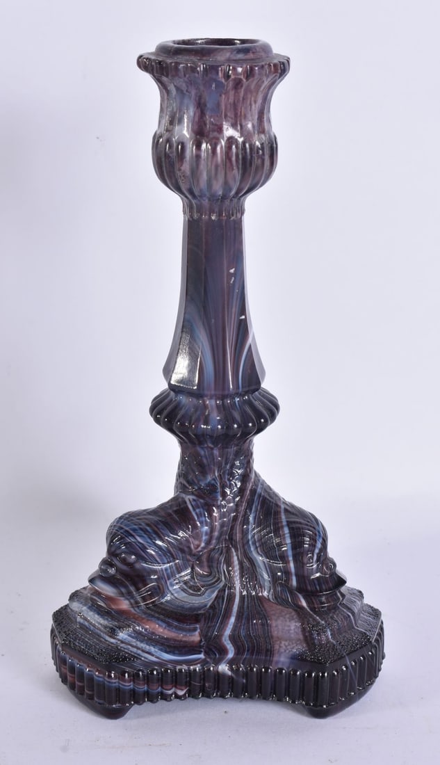 AN UNUSUAL VICTORIAN SLAG GLASS CANDLESTICK. 18 cm high. (1 of 5)