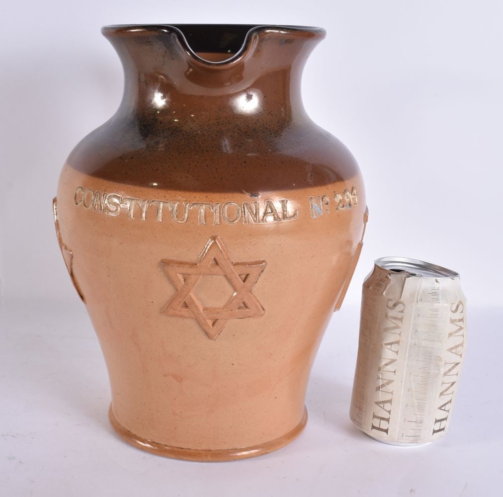 AN UNUSUAL ROYAL DOULTON STONEWARE MASONIC CONSTITUTIONAL NO 294 JUG. 26 cm x 15 cm. (1 of 6)
