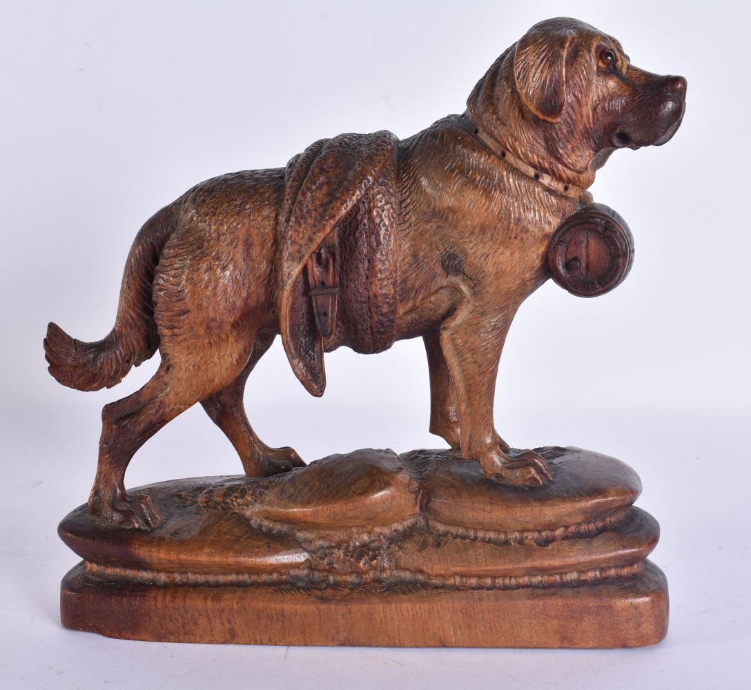 A 19TH CENTURY BAVARIAN BLACK FOREST CARVED WOOD FIGURE OF A DOG. 18 cm x 18 cm. (1 of 6)