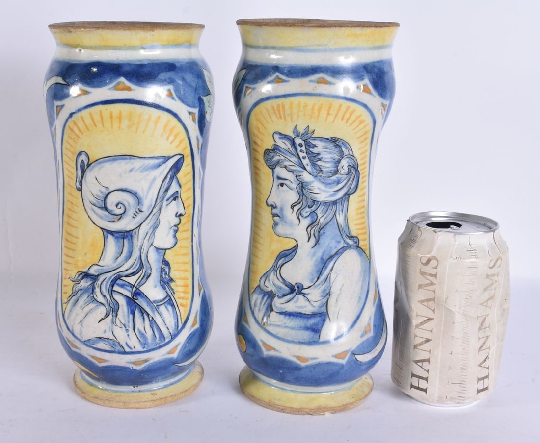 A PAIR OF 19TH CENTURY ITALIAN MAJOLICA FAIENCE ALBARELLO JARS painted with portraits. 24 cm high. (1 of 5)