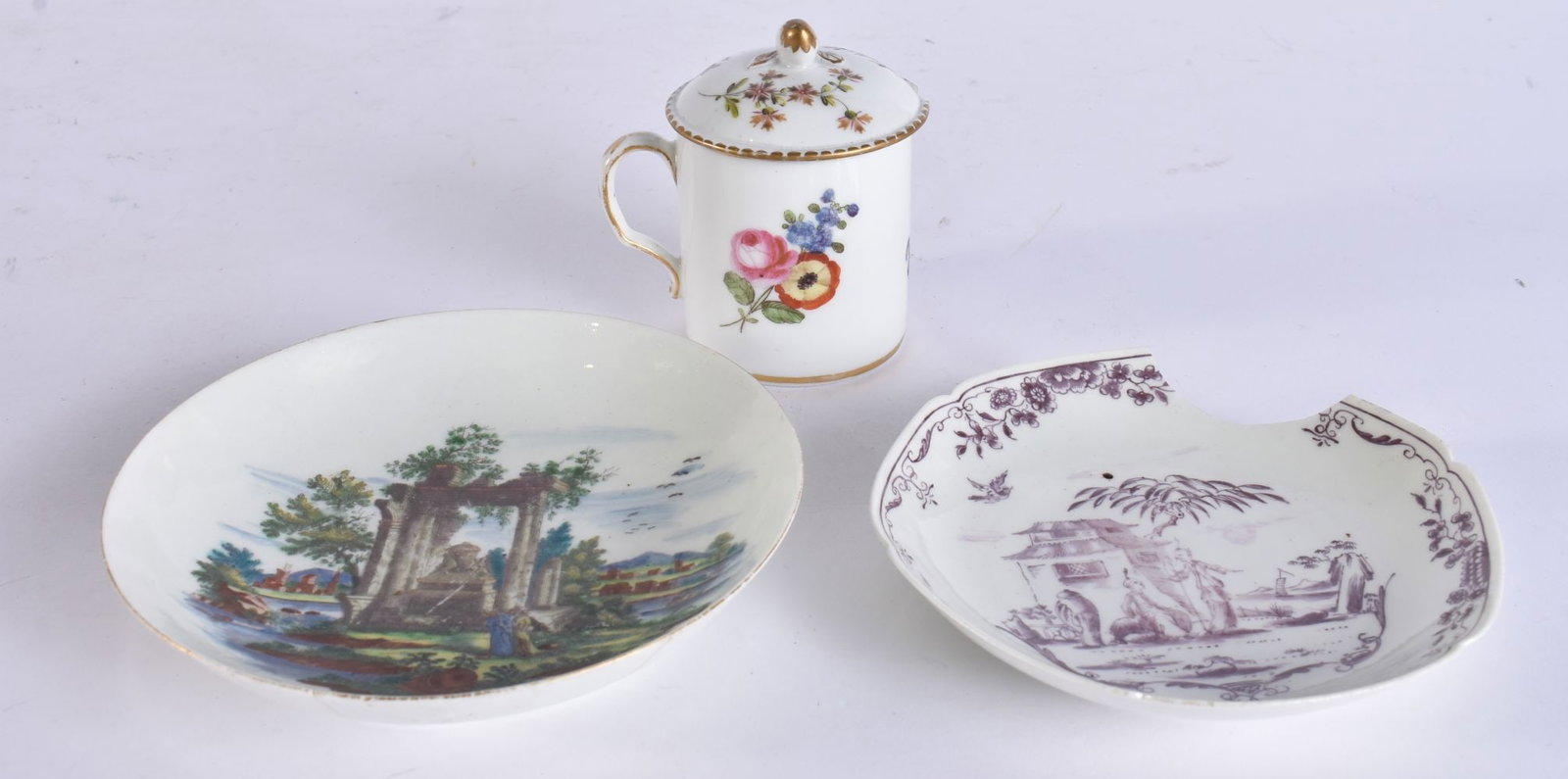 A VERY RARE 18TH CENTURY EUROPEAN PORCELAIN SAUCER together with a Worcester saucer & a French cup a (1 of 9)
