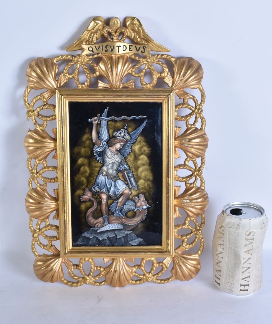 A FINE 19TH CENTURY FRENCH LIMOGES ENAMEL PLAQUE painted with St George and the dragon, contained wi (1 of 6)