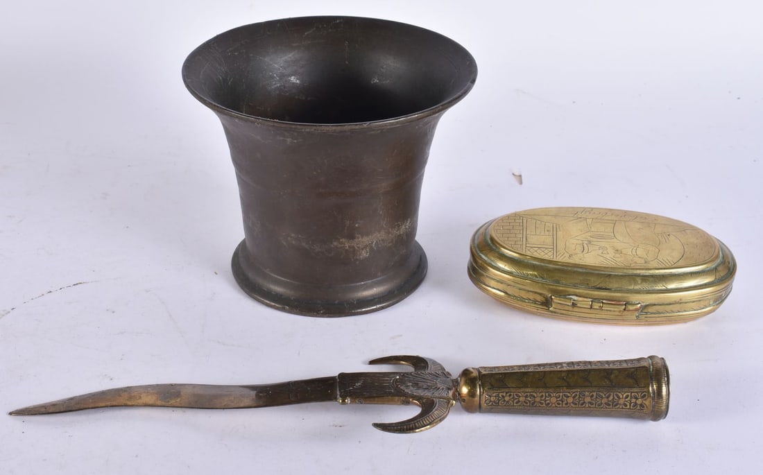 AN EARLY BRONZE MORTAR together with an Eastern standard/staff tip & a snuff box. (3) (1 of 8)