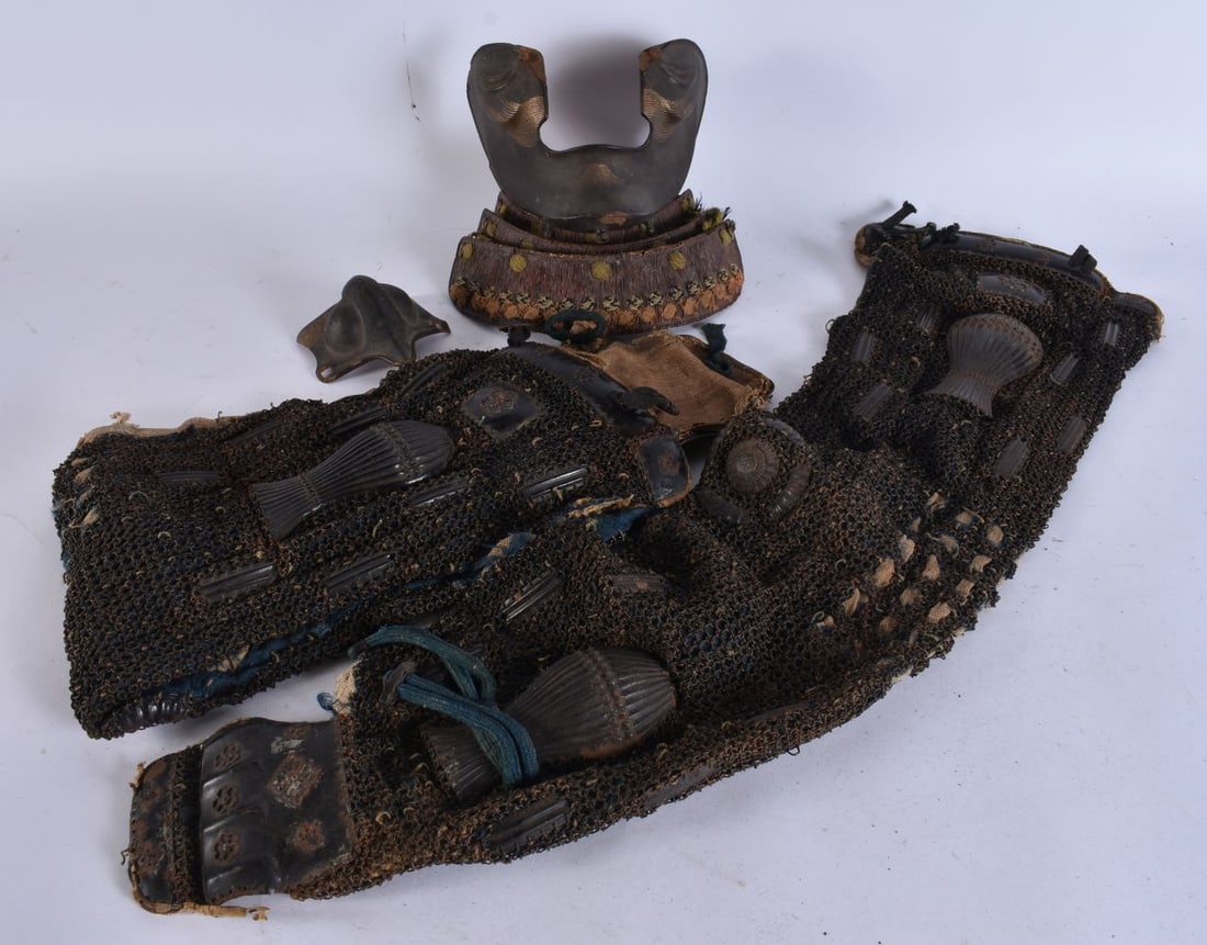 Japanese Edo Period Samurai Menpo Mask W/ Chainmail Yoroi Arm Coverings. (qty) (1 of 9)