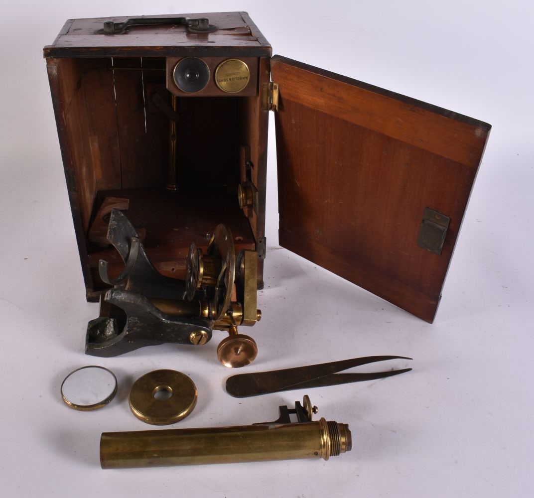 Arnold & Sons London Antique Brass Microscope In Wooden Box Case. 22 cm high. (1 of 6)