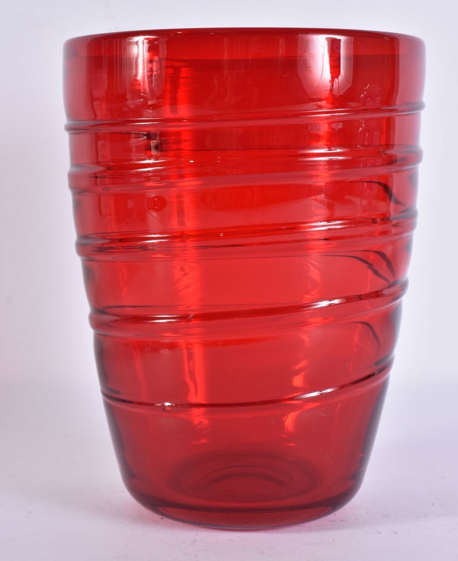 A RUBY GLASS VASE possibly Whitefriars. 18 cm x 12 cm. (1 of 3)