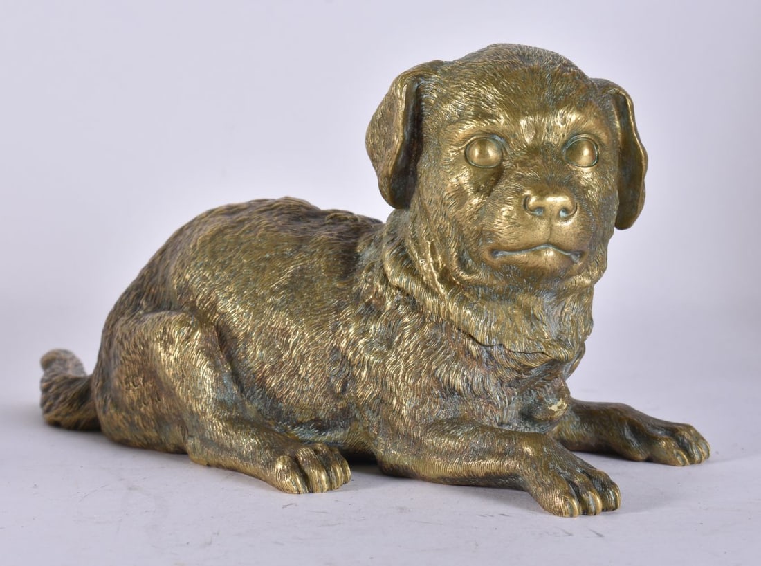 A LATE 19TH CENTURY AUSTRIAN BRONZE DOG INKWELL signed Geschutz. 18 cm x 10 cm. (1 of 5)