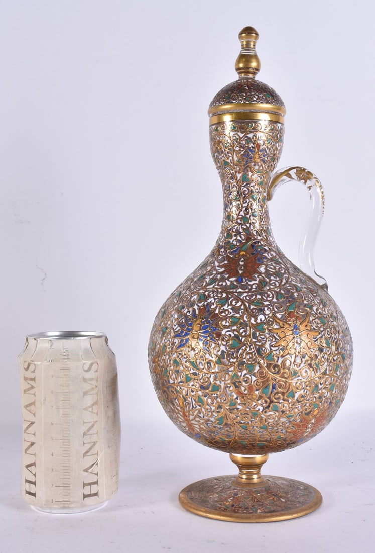 AN ENAMELLED GLASS EWER AND COVER possibly Moser. 32 cm high. (1 of 5)