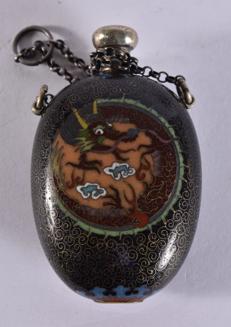 A 19TH CENTURY JAPANESE MEIJI PERIOD CLOISONNE ENAMEL SCENT BOTTLE decorated with dragons. 6.5 cm x (1 of 4)