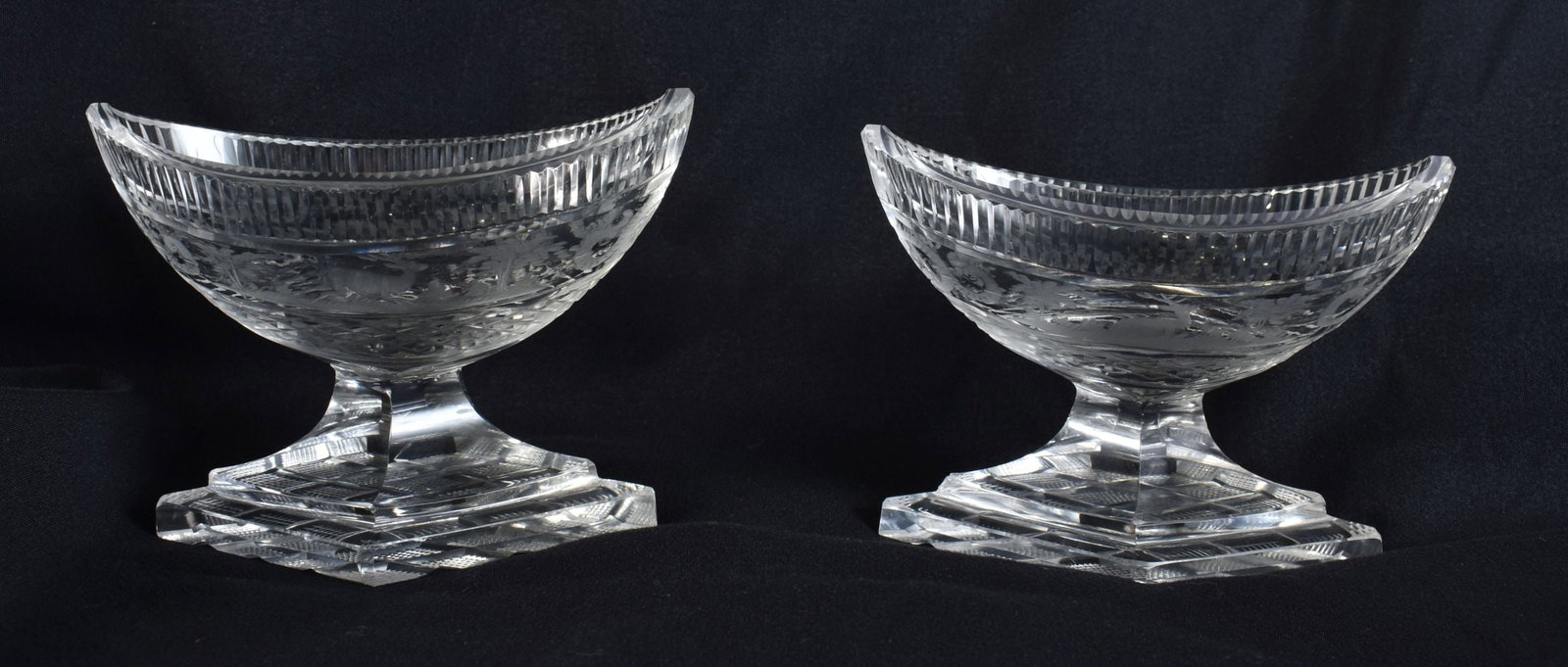 A FINE PAIR OF GEORGE III CUT GLASS ENGRAVED SALTS. 9.5 cm wide. (1 of 4)