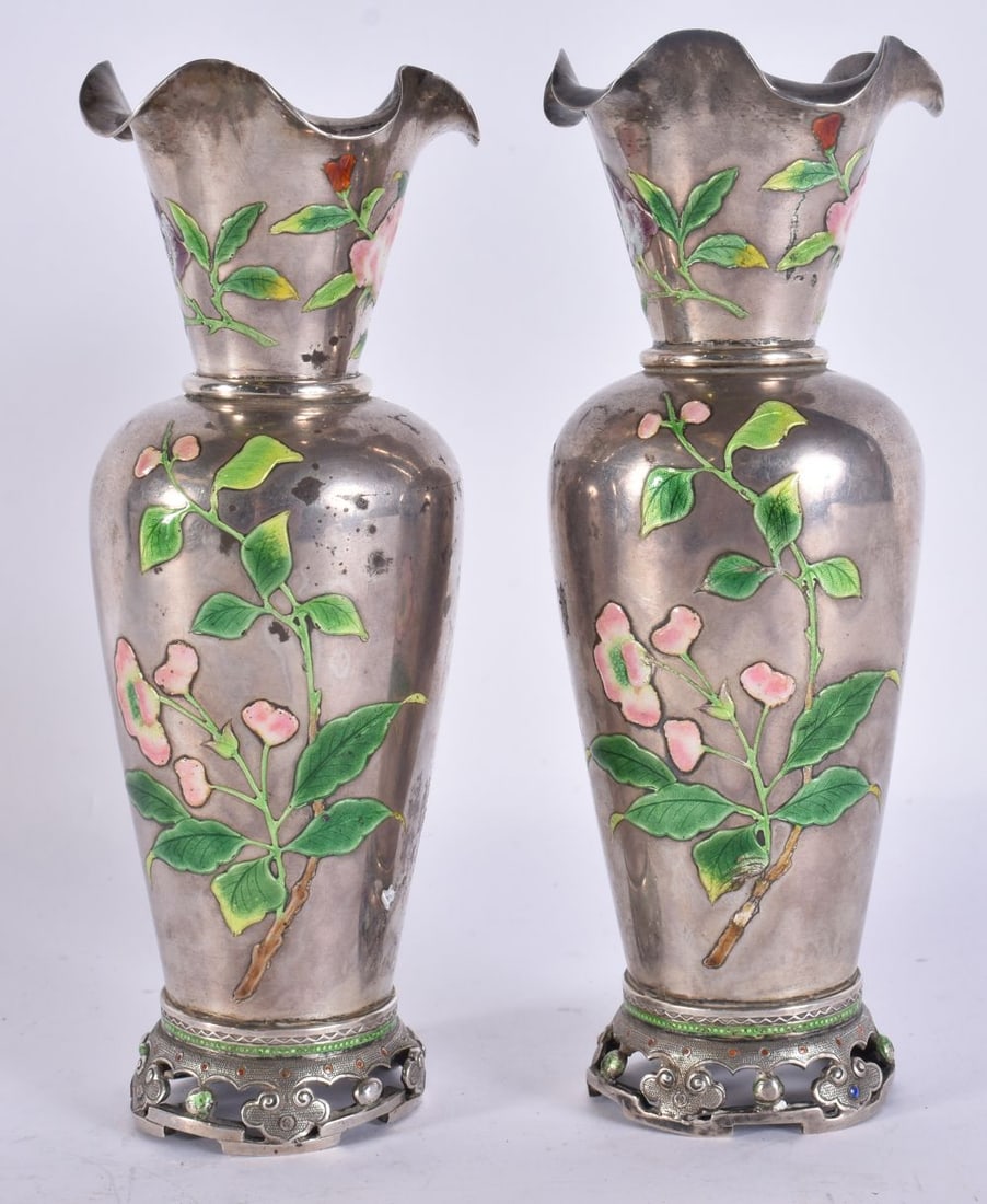 A PAIR OF LATE 19TH CENTURY CHINESE SILVER AND ENAMEL VASES decorated with flowers. 222 grams. 13.5 (1 of 5)