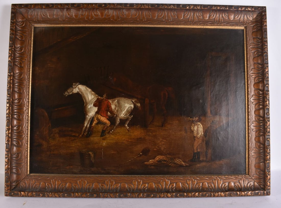IN THE MANNER OF GEORGE MORLAND, OIL ON CANVAS depicting horses and riders in a barn scene, unsigned (1 of 4)