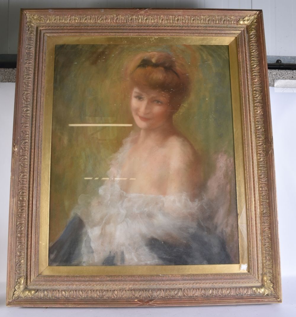 CYPRIEN EUGENE BOULET (FRENCH, 1877-1927) A PASTEL PORTRAIT OF A YOUNG LADY depicting a softly model: CYPRIEN EUGENE BOULET (FRENCH, 1877-1927) A PASTEL PORTRAIT OF A YOUNG LADY depicting a softly modelled head-and-shoulders study titled Jeune Fille on a muted ground, mounted in a glazed gilt frame. 7