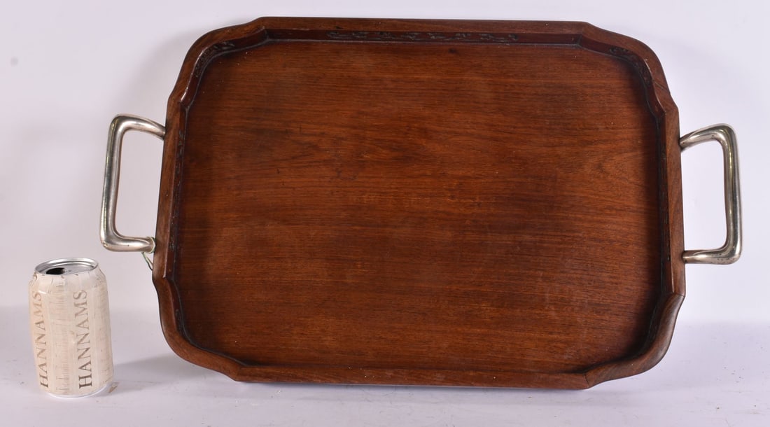 A LATE 19TH CENTURY CHINESE SILVER HANDLED HARDWOOD TRAY Late Qing. 58 cm x 32 cm. (1 of 4)