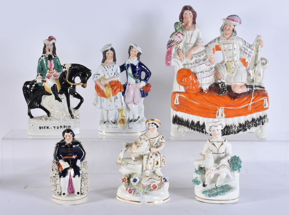 SIX VICTORIAN STAFFORDSHIRE POTTERY FIGURES. Largest 28 cm x 18 cm. (6): SIX VICTORIAN STAFFORDSHIRE POTTERY FIGURES. Largest 28 cm x 18 cm. (6)