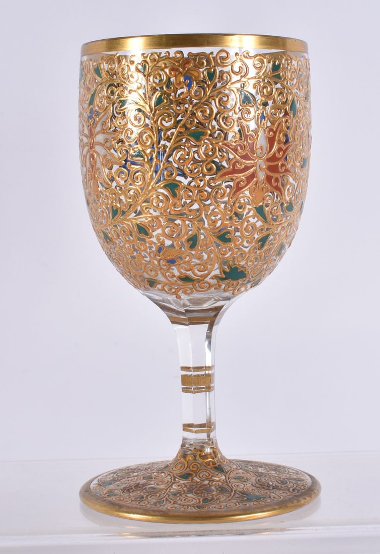 AN ANTIQUE ENAMELLED GLASS CUP in the Manner of Moser. 13.5 cm high. (1 of 4)