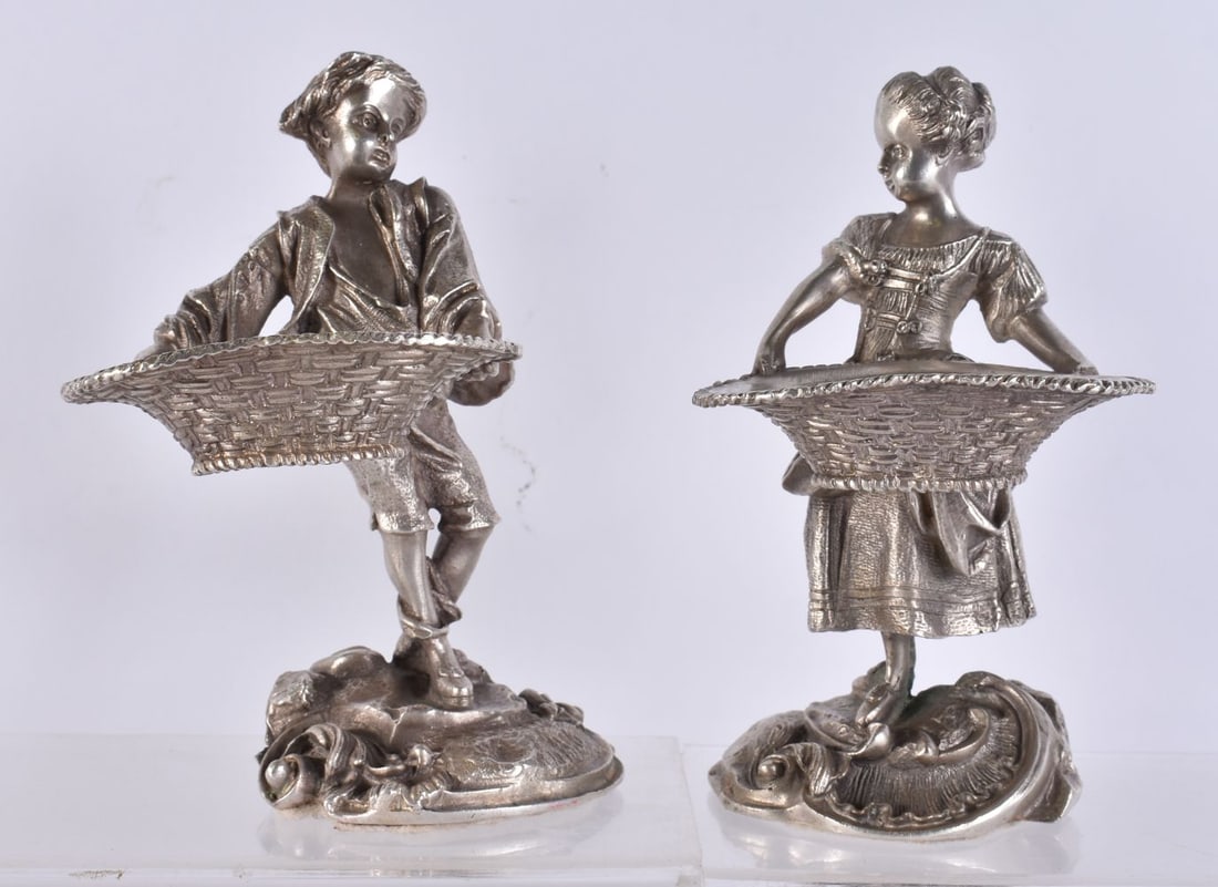 A PAIR OF ANTIQUE FRENCH SILVERED BRONZE SWEETMEAT FIGURES. 16 cm high. (1 of 5)