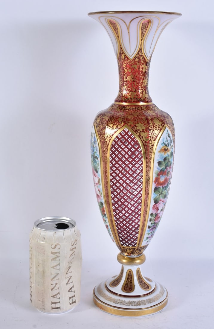 A FINE LATE 19TH CENTURY BOHEMIAN GILDED CRANBERRY GLASS VASE. 37.5 cm high. (1 of 5)