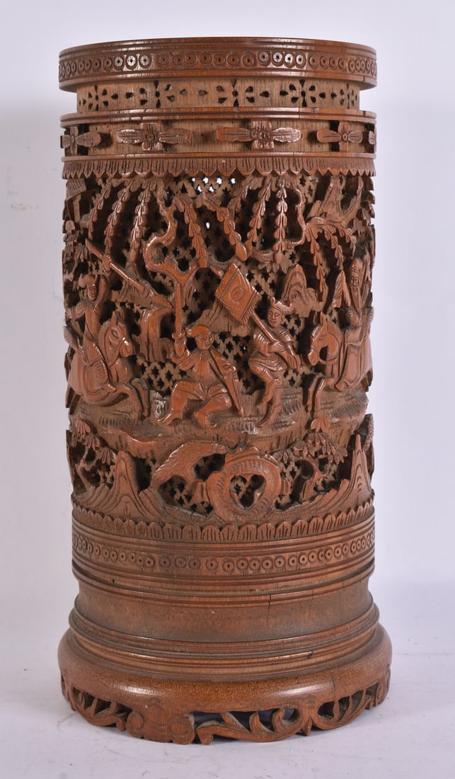 A 19TH CENTURY CHINESE CARVED BAMBOO RETICULATED BRUSH POT of cylindrical form with a deeply carved (1 of 5)