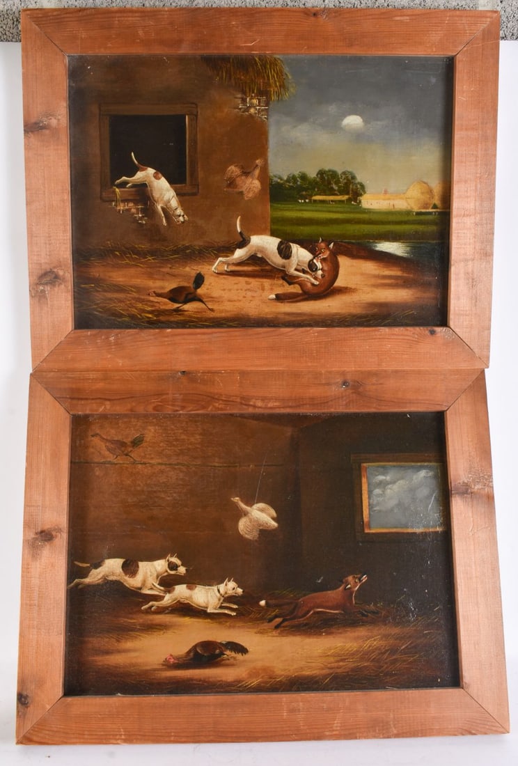 A PAIR OF 19TH CENTURY FOLK ART OIL ON BOARDS depicting dogs chasing down a fox in a barn setting - (1 of 4)