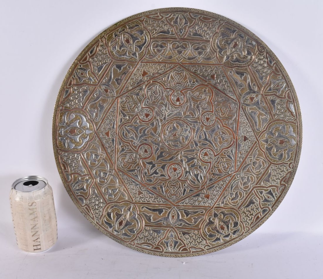 A LARGE MIDDLE EASTERN SILVER INLAID MIXED METAL ISLAMIC DISH. 38 cm wide. (1 of 5)