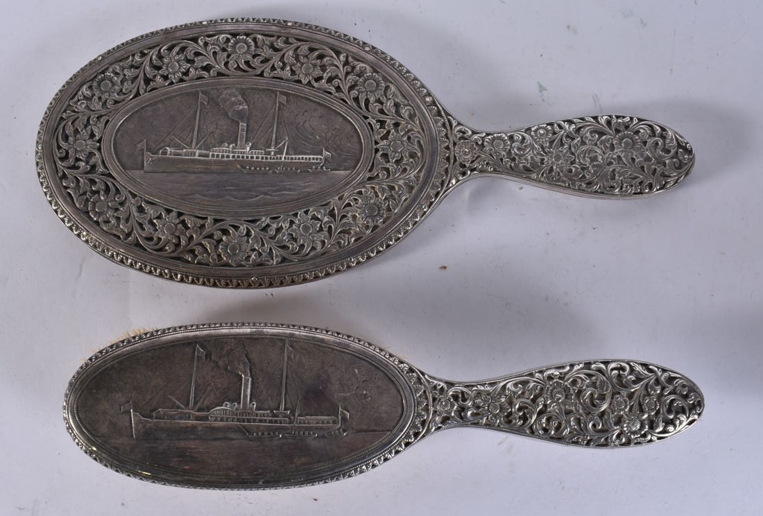 TWO FINE 19TH CENTURY CONTINENTAL MARITIME INTEREST SILVER DRESSING TABLE ITEMS. 628 grams overall. (1 of 2)