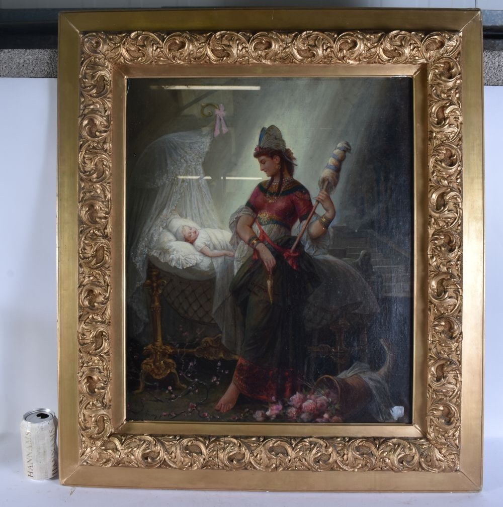 HENRI PIERRE PICOU (1824-1895) OIL ON CANVAS depicting a Fairy guarding a sleeping baby - mounted in: HENRI PIERRE PICOU (1824-1895) OIL ON CANVAS depicting a Fairy guarding a sleeping baby - mounted in a glazed gilt. 60 cm x 50 cm.